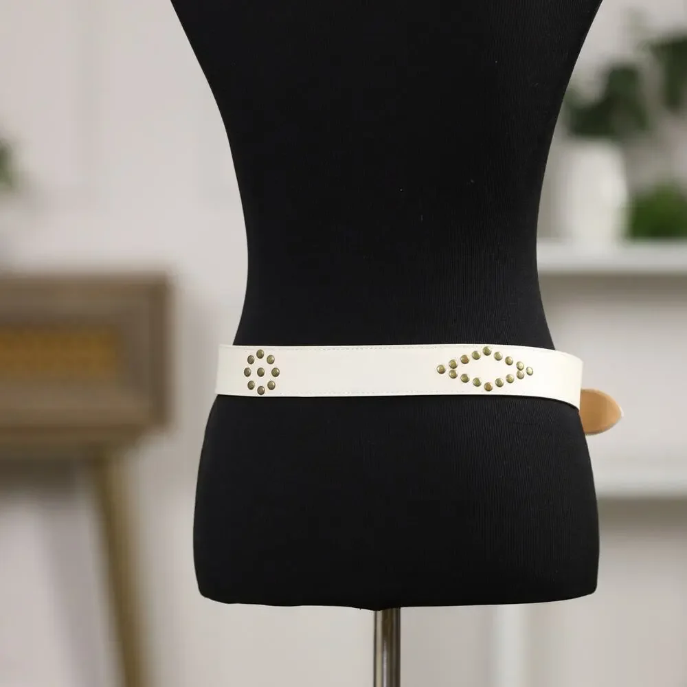Persaman Genuine Italian Leather Belt White with Gold Stud Diamond Pattern New